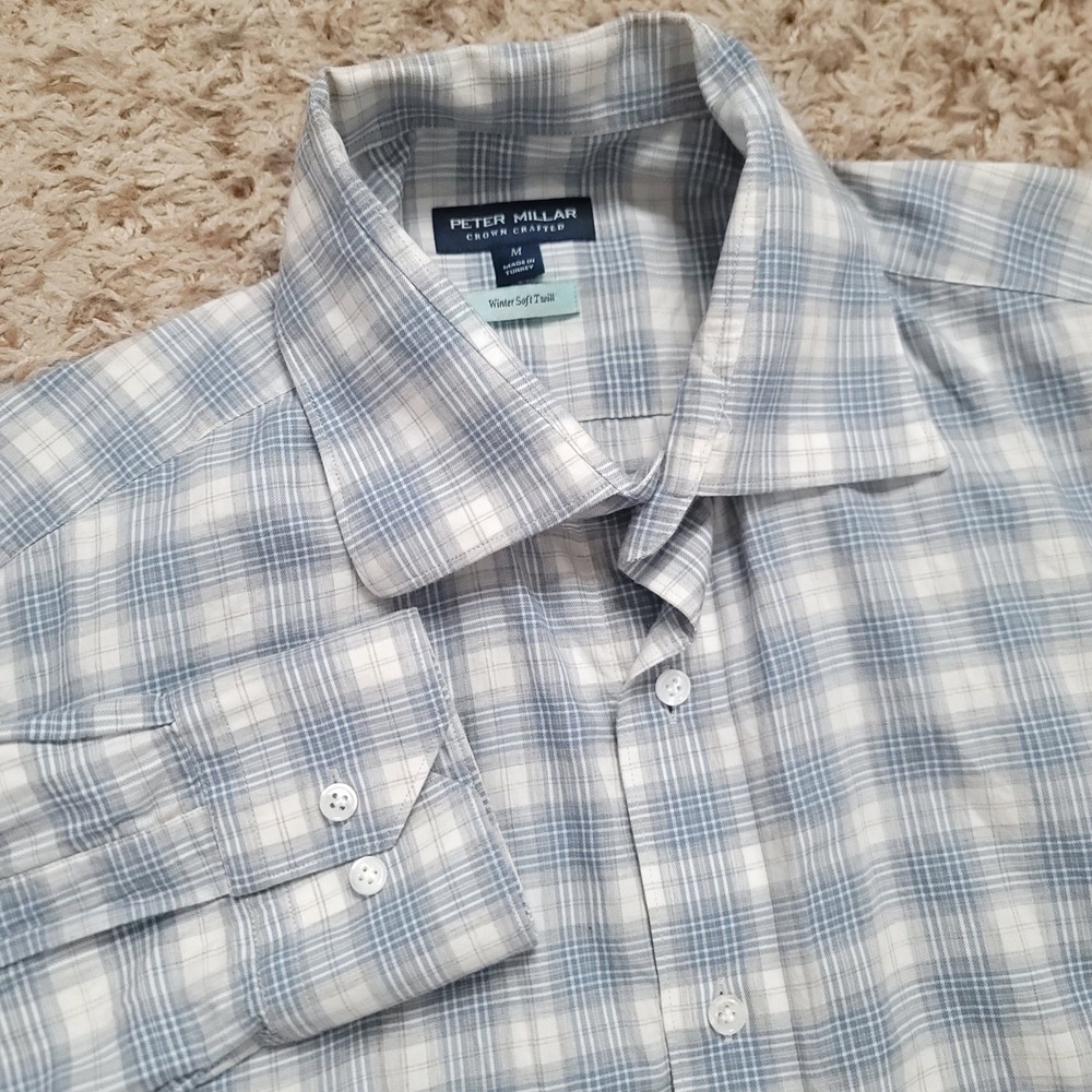 Peter Millar Button Down Shirt Mens M Blue White Plaid Crown Crafted Soft Twill